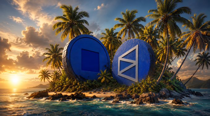 The image features a tropical island with palm trees, a blue circle, and a square sign that says "both" written on them. The sun is setting over the ocean, creating a beautiful backdrop for this scene. The photo has been captioned with the words "still spending most of my time on @baseapp & @Polymarket Both feel like massive alpha right now and honestly just getting started been active daily on both curious who else is still locked in?".