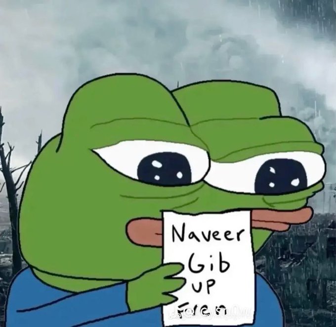 A sad Pepe the Frog meme holding a handwritten sign reading 'Naveer Gib Up Fole' against a bleak, rainy apocalyptic background, serving as a humorous depiction of market downturns.