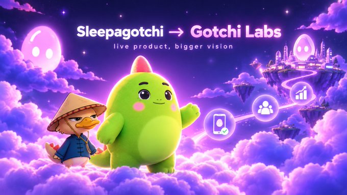 A promotional graphic for 'Sleepagotchi → Gotchi Labs' with the tagline 'live product, bigger vision', showing cartoon characters and glowing icons against a purple cloudscape.