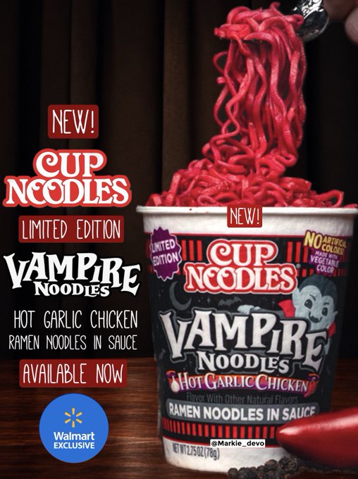 An advertisement for 'Cup Noodles Limited Edition Vampire Noodles - Hot Garlic Chicken' flavored ramen, marked as a Walmart Exclusive, showing bright red noodles being lifted from the cup.