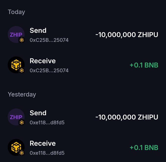 A cryptocurrency transaction history showing a 'Send' of -10,000,000 ZHIPU and a 'Receive' of +0.1 BNB on both Today and Yesterday.