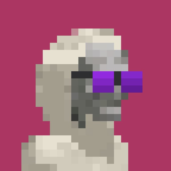 A pixelated, low-resolution portrait of a figure wearing large purple sunglasses against a solid magenta background.