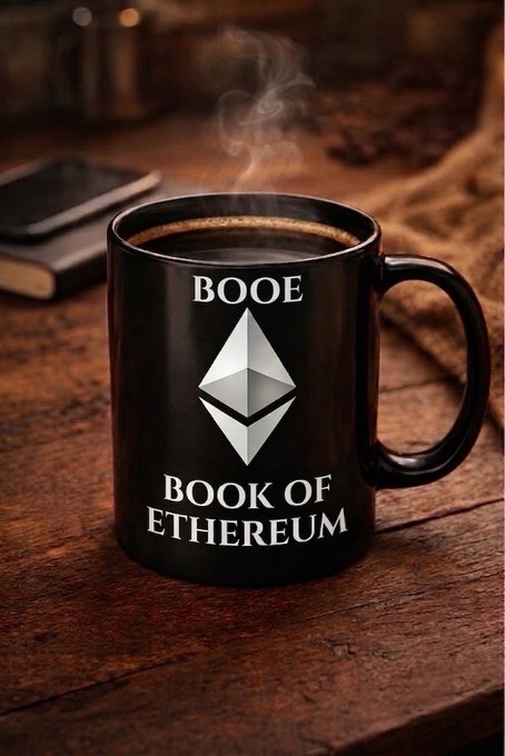 A black coffee mug steaming with hot coffee sits on a rustic wooden surface, featuring the Ethereum logo alongside the text "BOOE" and "BOOK OF ETHEREUM." The image cleverly plays on the "BOOE" ticker text from the post, combining the traditional crypto "Gm" (good morning) greeting with a warm beverage theme to welcome Ethereum enthusiasts to Altseason.