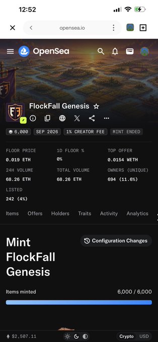 A mobile screenshot from OpenSea showing the FlockFall Genesis NFT collection with 6,000 items minted, a floor price of 0.019 ETH, and a mint progress bar complete.