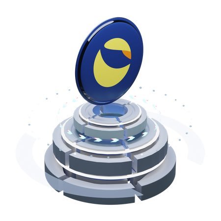 A 3D rendered illustration shows a blue and yellow disc-shaped object resembling the Lumen cryptocurrency logo, floating above a multi-tiered circular pedestal.