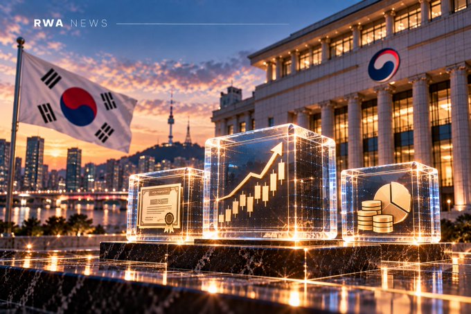 A digital graphic showing the South Korean flag, a government building, and holographic cubes displaying financial charts and coins, labeled 'RWA NEWS' at sunset.