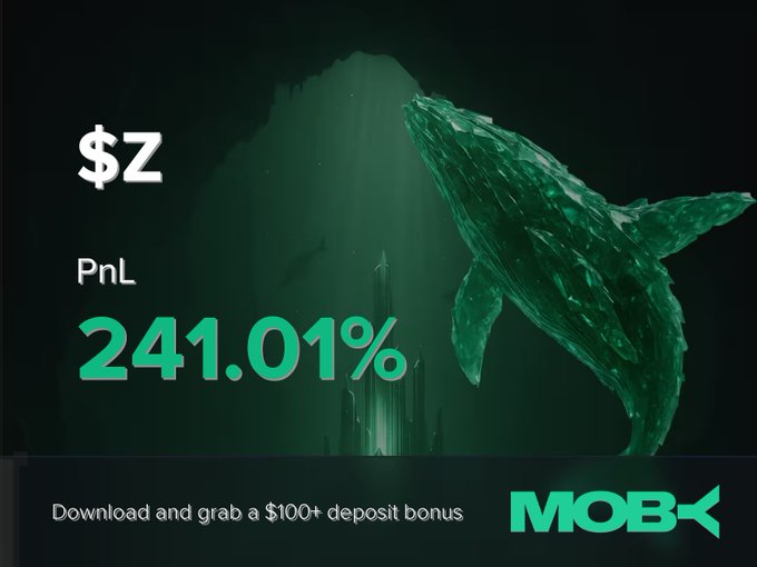A Moby Mobile promotional image features a crystalline green whale underwater next to text reading "$Z, PnL 241.01%, Download and grab a $100+ deposit bonus" with the Moby logo, highlighting the trader's +241.01% profit on the $Z token highlighted in the accompanying win alert.