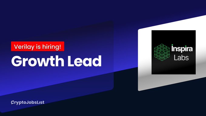 A dark blue and purple gradient promotional graphic featuring the CryptoJobsList logo at the bottom left, with a red banner reading "Verilay is hiring!" above large white text stating "Growth Lead," alongside a white laptop display showing the green Inspira Labs cube logo—visually advertising the remote Growth Lead position with $50k–70k compensation to shape ZK identity adoption at Verilay.