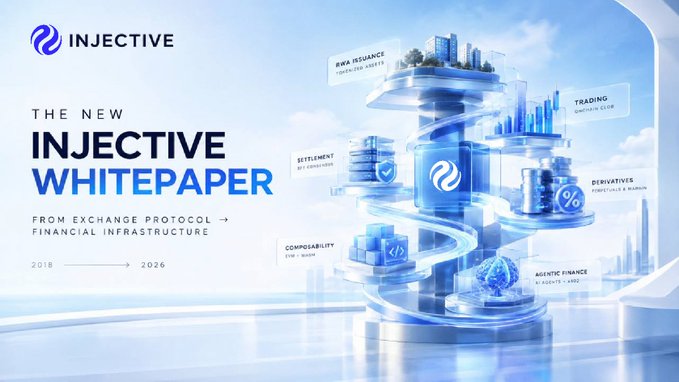 A promotional graphic for 'INJECTIVE' titled 'THE NEW INJECTIVE WHITEPAPER' describing a transition 'FROM EXCHANGE PROTOCOL → FINANCIAL INFRASTRUCTURE' spanning 2018 to 2026, featuring a 3D illustration with labels for RWA Issuance, Trading, Settlement, Derivatives, Composability, and Agentic Finance.