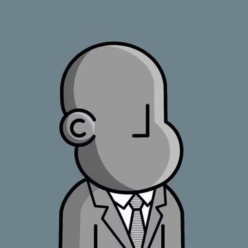 A minimalist digital illustration of a gray-suited figure with an abstract, featureless head and ear, set against a muted blue-gray background.