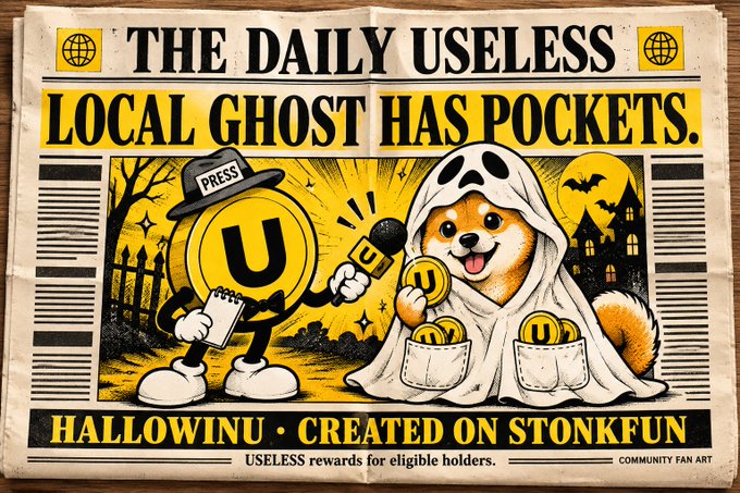 A stylized newspaper titled 'THE DAILY USELESS' with the headline 'LOCAL GHOST HAS POCKETS.', depicting a dog dressed as a ghost holding a 'U' token next to a 'PRESS' coin character, with a footer reading 'HALLOWINU · CREATED ON STONKFUN — USELESS rewards for eligible holders. COMMUNITY FAN ART'.