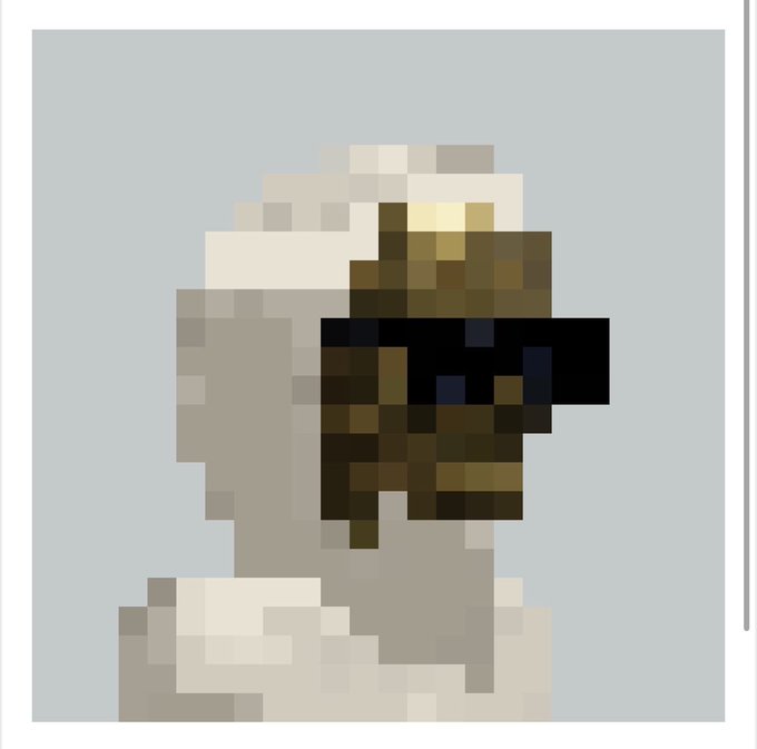 A pixel art style image depicting the head and shoulders of a figure with tan skin, white hair, and a prominent dark brown mask or visor over the face.