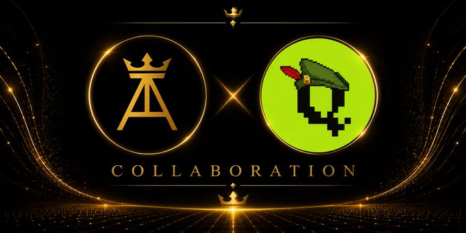A gold-themed 'COLLABORATION' announcement graphic featuring a logo with an 'A' and crown on the left, and a pixel art character wearing a feathered hat on the right.