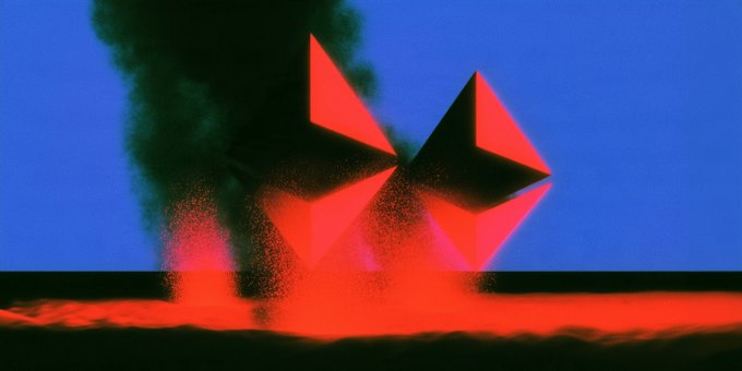 The image shows the red-and-black Ethereum logo against a bright blue sky, with red cloud-like formations and dark smoke rising behind it. It visually accompanies the post about Ethereum researchers proposing Decoupled Consensus to replace the Gasper design and divide validator voting duties.