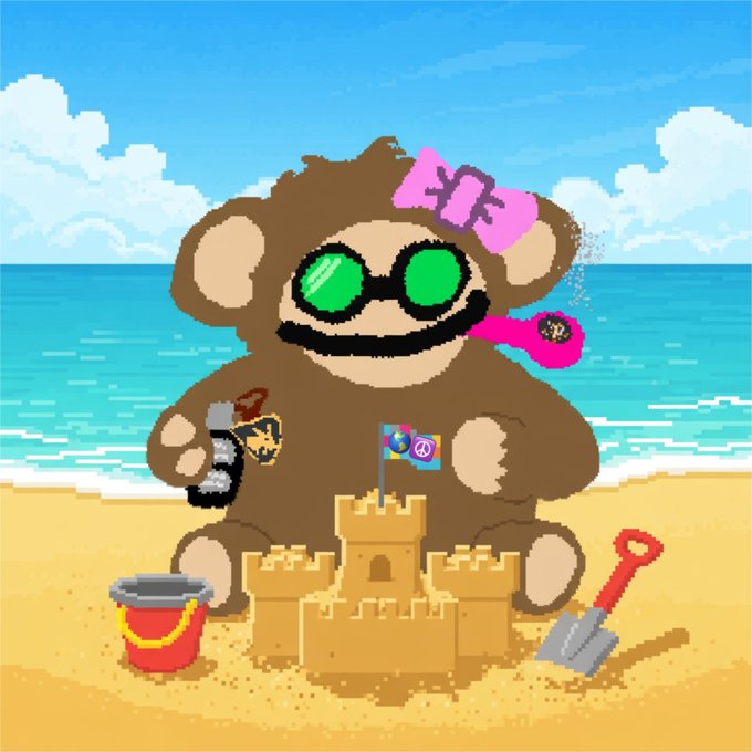 A pixel art illustration shows a large brown monkey-like character wearing green sunglasses and a pink bow on the beach, holding a grenade and a smoking object, with a sandcastle, red bucket, and shovel in the foreground.