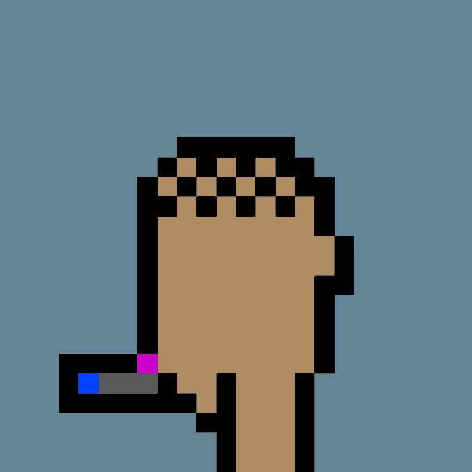 A pixel art image showing a side profile of a hand holding a lit cigarette or joint, with a black outline against a blue background. The hand is rendered in tan/skin tone pixels, and the item being held features blue, gray, and pink/magenta colored pixels suggesting a glowing tip.