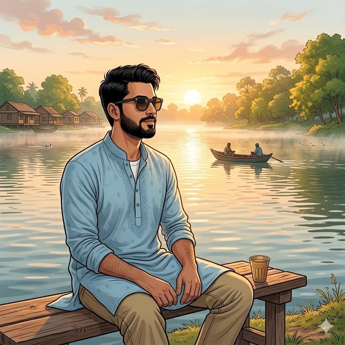 An illustrated scene depicts a bearded man wearing sunglasses and a light blue traditional kurta, sitting on a wooden bench by a lake at sunset with a cup of tea beside him.
