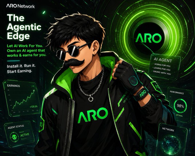 Anime-style promotional graphic for 'ARO Network - The Agentic Edge' featuring a masked character with stats panels showing 'EARNINGS +128.5%', 'AGENT STATUS ACTIVE', 'PERFORMANCE 98%', and tagline 'Let AI Work For You. Own an AI agent that works & earns for you. Install it. Run it. Start Earning.'