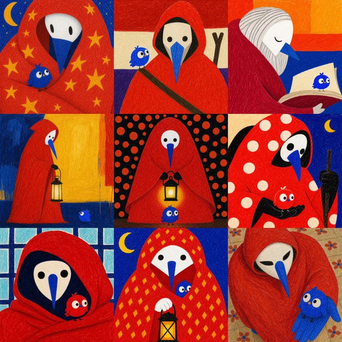 A 3x3 grid of paintings depicts a red-hooded plague doctor figure with a blue beak mask accompanied by small blue bird-like creatures in various artistic styles.