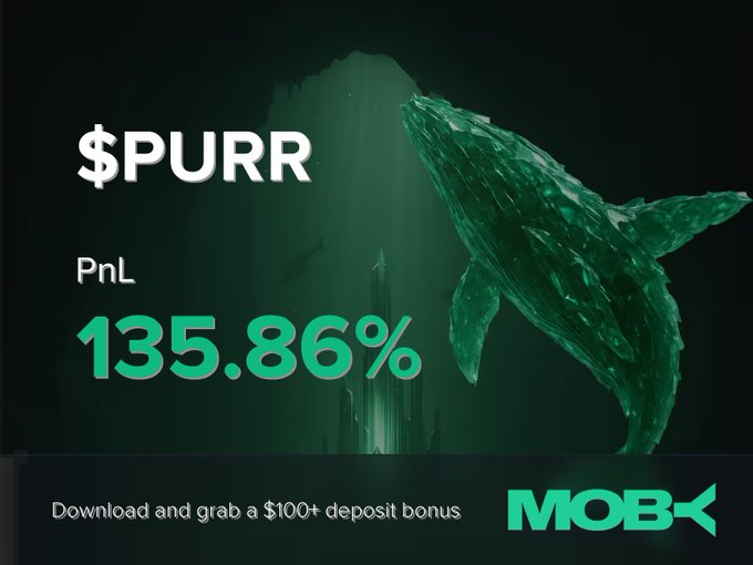 A promotional image for Moby Mobile features a large green crystal whale alongside the text "$PURR, PnL 135.86%," highlighting a winning trade alert for the $PURR token. The bottom of the image advertises a "$100+ deposit bonus" with the Moby logo, directly complementing the post's announcement of a successful trader achieving a +135.86% return on the trending token.
