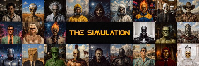 The image features a collage of various images, including people's faces with different expressions, all set against a gray background. The text "THE simulation" is prominently displayed at the top of the image, indicating that this is an advertisement or promotional material related to a simulation game or experience. The post also mentions that there are 300 unique characters in the collage and that it was posted on June 9th at 6 PM CET.
