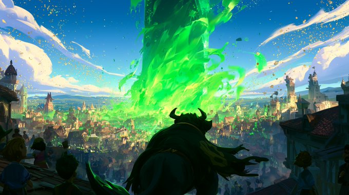 A horned figure stands atop a balcony overlooking a sprawling medieval city as a massive, swirling column of emerald energy erupts from the urban center, with crowds gathered below watching the spectacle. The image captures the bold momentum of the caption "Forward is the only direction," symbolizing an unstoppable force or pivotal transformation rising upward and outward into the sky.