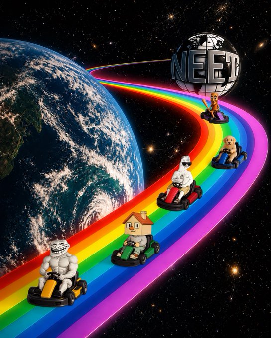 The image features a group of cartoon characters riding toy cars down a rainbow-colored track, with the words "NEED" written above them. The characters are positioned at various points along the track, creating an interesting scene that captures attention. The phrase "the moon is just the beginning" suggests that there might be more adventures or challenges ahead for these characters as they continue their journey down the rainbow-colored path.

The post also includes a photo of the Earth and the sun, which adds to the overall theme of exploration and discovery. This combination of elements creates an engaging visual experience that encourages viewers to think about the possibilities and excitement that can be found in both outer space and our own world.
