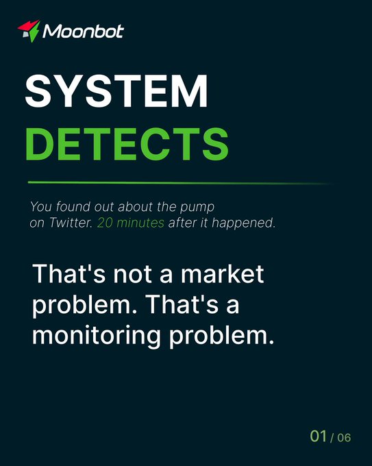A dark-themed marketing slide for Moonbot with the headline 'SYSTEM DETECTS' and text reading 'You found out about the pump on Twitter. 20 minutes after it happened. That's not a market problem. That's a monitoring problem.'