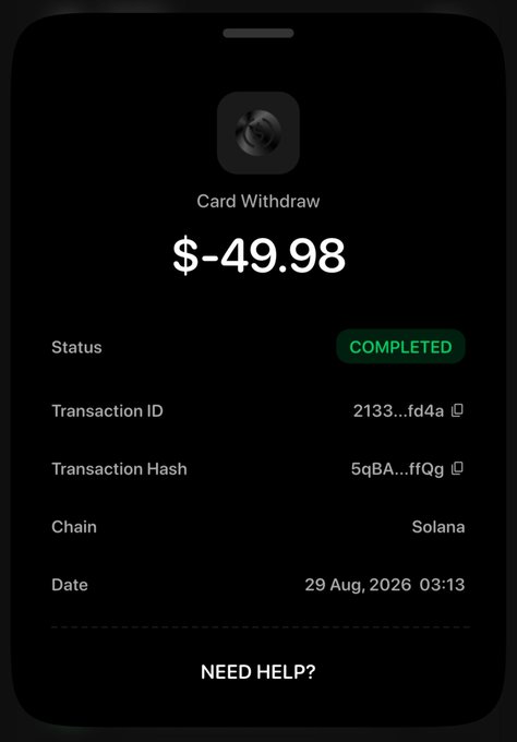 A dark-themed transaction receipt shows a completed card withdrawal of -$49.98 from Solana dated 29 Aug, 2026 03:13, illustrating the user's experience of losing a small amount to the @avici scam they warn followers about.