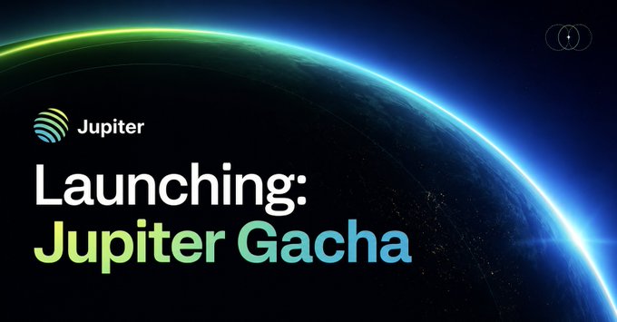 A dark promotional graphic for Jupiter announces the launch of 'Jupiter Gacha' with a view of Earth from space and a lens flare.