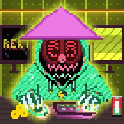 A pixel art illustration of a menacing figure with a red skull face wearing a pink conical hat and green jacket, sitting at a desk with a computer in a yellow-green lit room.