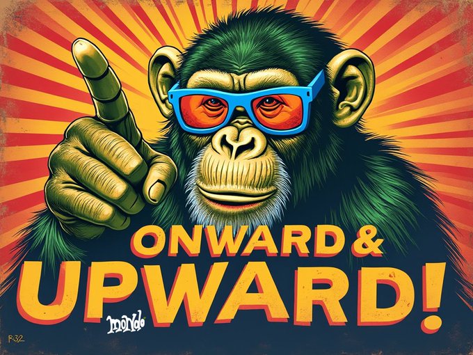 A vintage-style poster featuring a green monkey wearing blue sunglasses and pointing upward, with bold text reading 'ONWARD & UPWARD!' against a red and orange sunburst background.