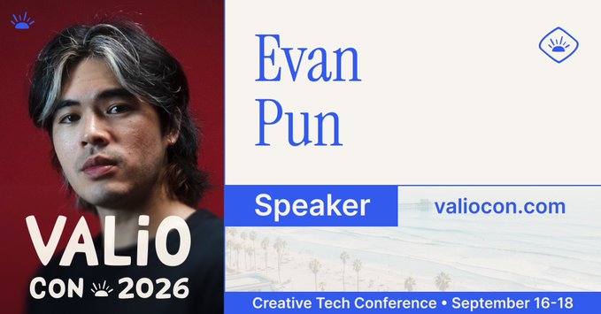 Promotional graphic for VALiO CON 2026 featuring speaker Evan Pun, described as a Creative Tech Conference scheduled for September 16-18 at valiocon.com.