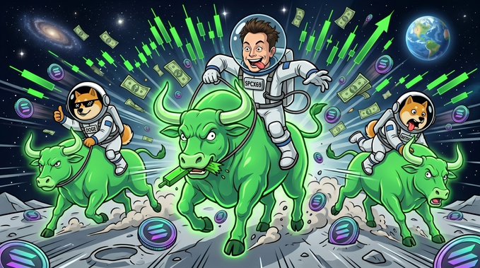 The image features three cartoon characters - a man dressed as an astronaut, two dogs, and a bull - riding together across a space station. The background of the image shows a planet with various elements such as stars, planets, and a black dot representing a currency symbol. The caption on the post reads "ELON, DOGE & ASTEROID are riding the $SPCX69 bull to Valhalla." This suggests that the characters might be participating in an intergalactic adventure or trading activities involving the space station and its inhabitants.