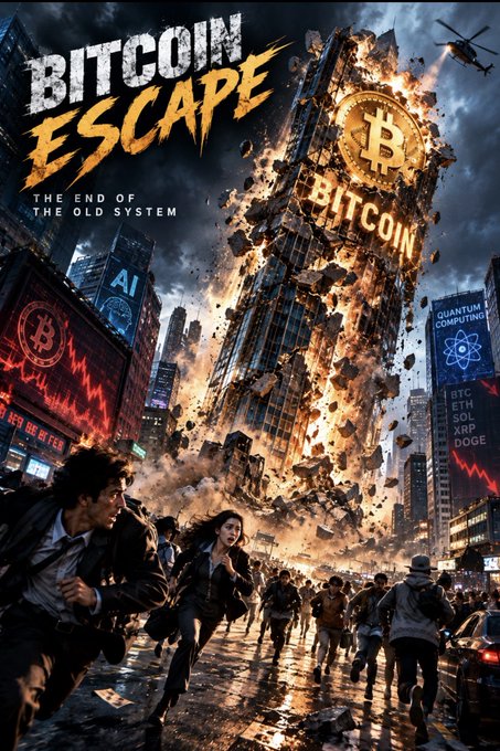 A dramatic movie-style poster titled 'BITCOIN ESCAPE: THE END OF THE OLD SYSTEM' depicting a building with a Bitcoin logo exploding while people flee below, with signs mentioning 'AI', 'QUANTUM COMPUTING', and various cryptocurrencies like 'ETH', 'SOL', 'XRP', and 'DOGE'.