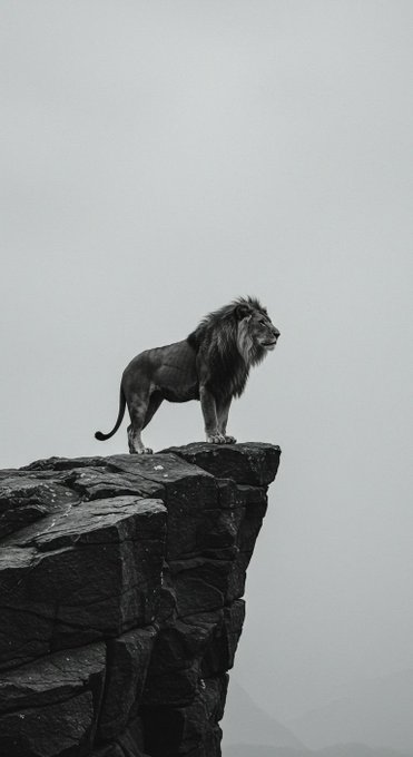 A majestic black-and-white image of a lone lion with a flowing mane stands proudly atop a rocky cliff against a misty sky, symbolizing strength and quiet confidence. The scene pairs perfectly with the "Good morning legends" greeting, portraying the lion as the ruler of his domain greeting his subjects.