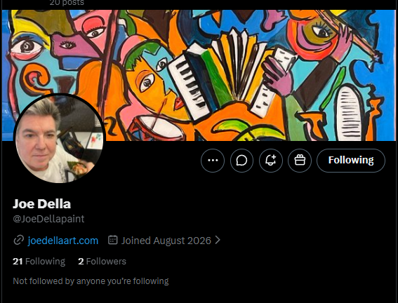The image shows a Twitter profile for "Joe Della" (@JoeDellaPaint) with 2 Followers, 21 Following, and a "Following" button visible, featuring a colorful abstract painting as the banner and a profile picture of a man wearing a cowboy hat. The post references "Early freemint alpha" and tagging "@zaff_nft," suggesting the account is sharing early access information for a free NFT mint, with the playful "Spam DMs" comment humorously calling out the frequency of these promotional messages.