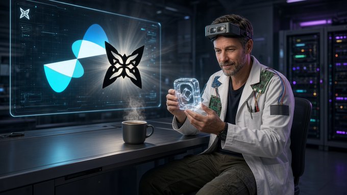 An AI-generated image of a scientist wearing a lab coat and head-mounted device, examining a glowing cube in a futuristic data center with butterfly logos (resembling Zcash) displayed on a holographic screen.