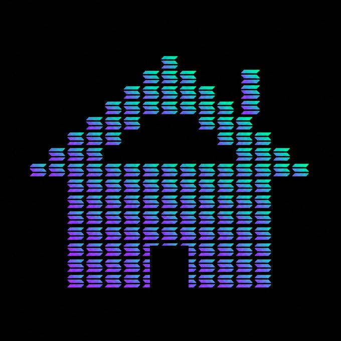 A digital artwork of a house-shaped icon composed of small horizontal bars in gradients of purple, blue, and green on a black background.