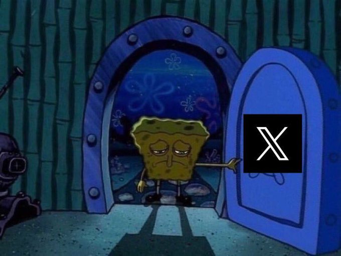 A sad SpongeBob SquarePants stands in a doorway under the iconic Twitter/X logo, signaling he's "closing" the platform for the night. The image playfully illustrates the post's message of logging off Twitter ("heading to bed") after sharing thoughts on $ANSEM.