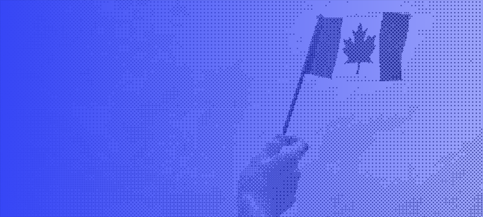 A blue halftone-style illustration of a hand waving a Canadian flag.
