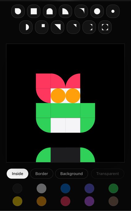 A screenshot of a character customization interface showing a blocky figure with red hair, orange eyes, and a green outfit, with shape and color selection options at the top and bottom.