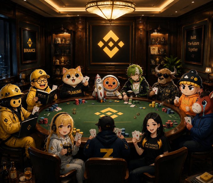 A group of Binance-themed anime characters gather around a poker table beneath the illuminated Binance logo, with visible slogans "Build The Future Together" and "CHANGE THE WORLD" reinforcing the caption's portrayal of Binance as a high-stakes casino where crypto dreams are wagered.