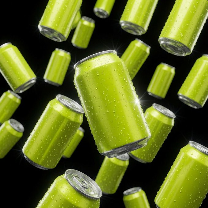 Multiple green soda cans covered in water droplets float and tumble against a black background, with bright highlights glinting off their metallic surfaces.