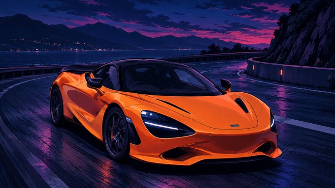 An orange McLaren sports car drives along a wet, winding road at dusk, with a vibrant purple and pink sky in the background.