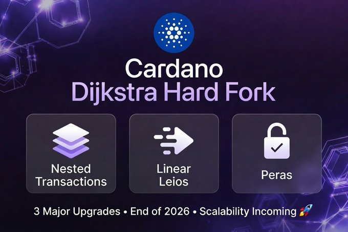 A promotional graphic for 'Cardano Dijkstra Hard Fork' highlighting three major upgrades coming by end of 2026: Nested Transactions, Linear Leios, and Peras, emphasizing scalability improvements.