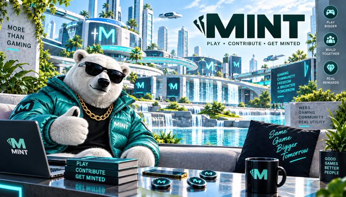 A promotional graphic for 'MINT' featuring an anthropomorphic polar bear wearing sunglasses and a green jacket, sitting at a table with branded merchandise, with text reading 'PLAY • CONTRIBUTE • GET MINTED' and 'MORE THAN GAMING'.