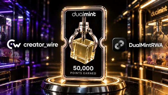 A promotional graphic displays 'dualmint' branding with a golden claw mechanism holding a perfume bottle labeled 'ROBINSON,' advertising '50,000 POINTS EARNED' alongside logos for 'creator_wire' and 'DualMintRWA'.