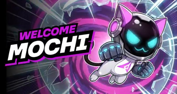 A vibrant graphic featuring a cartoon cat-like character in a futuristic space suit, with bold text reading 'WELCOME MOCHI' against a purple, shattered-glass background.