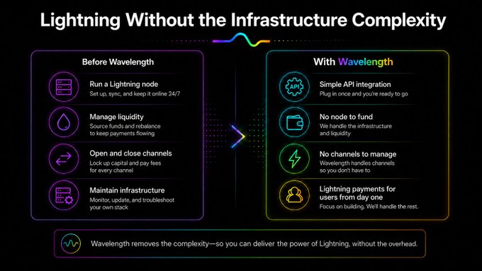A side-by-side comparison slide titled "Lightning Without the Infrastructure Complexity" contrasts the manual tasks of running a Lightning node (running nodes, managing liquidity, opening/closing channels, maintaining infrastructure) with Wavelength's simplified approach (simple API integration, no node to fund, no channels to manage, payments ready from day one), reinforcing the post's message that Wavelength removes the operational overhead of building on Lightning.
